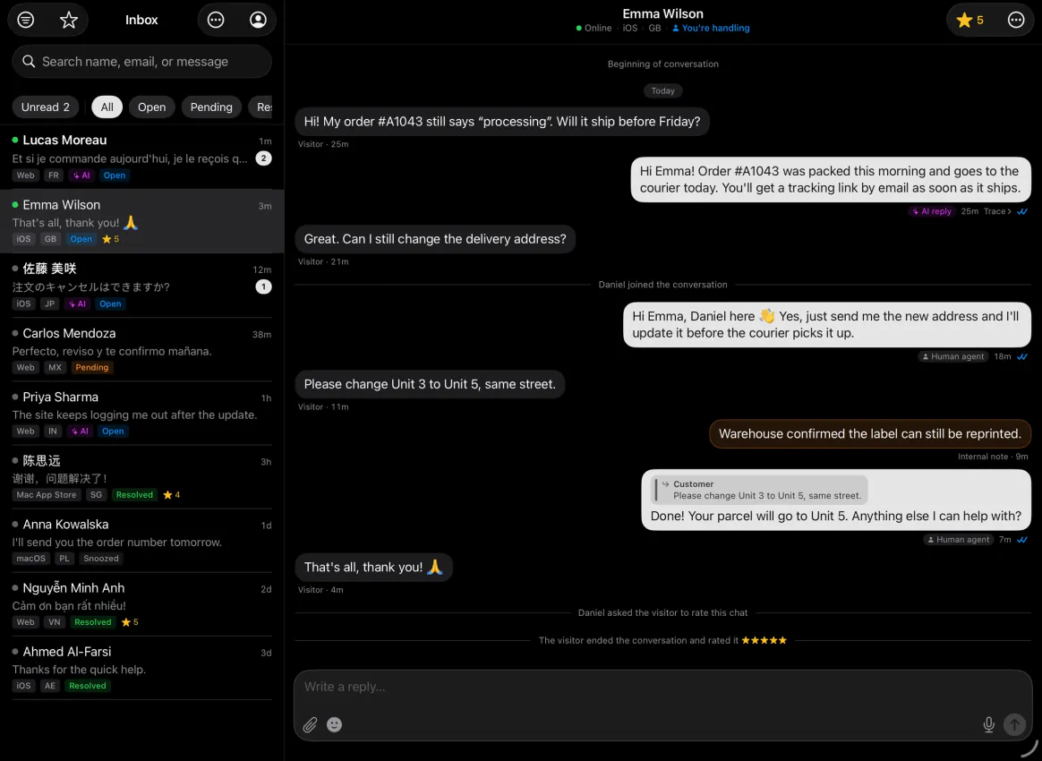 AskAIs on iPad: the shared inbox and a customer conversation